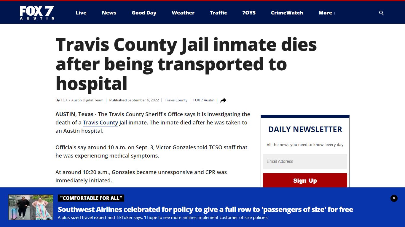 Travis County Jail inmate dies after being transported to hospital