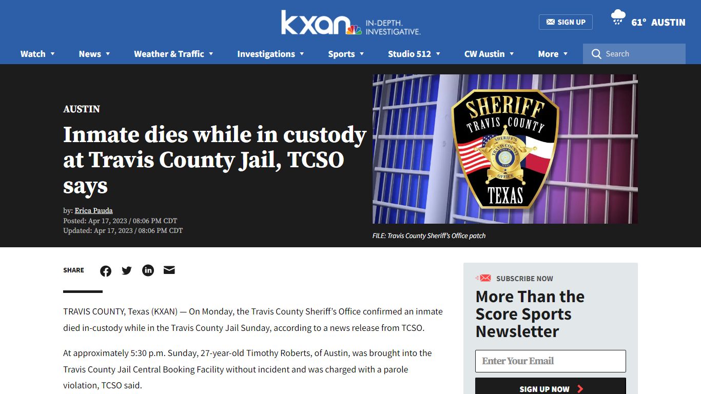 Inmate dies while in custody at Travis County Jail, TCSO says